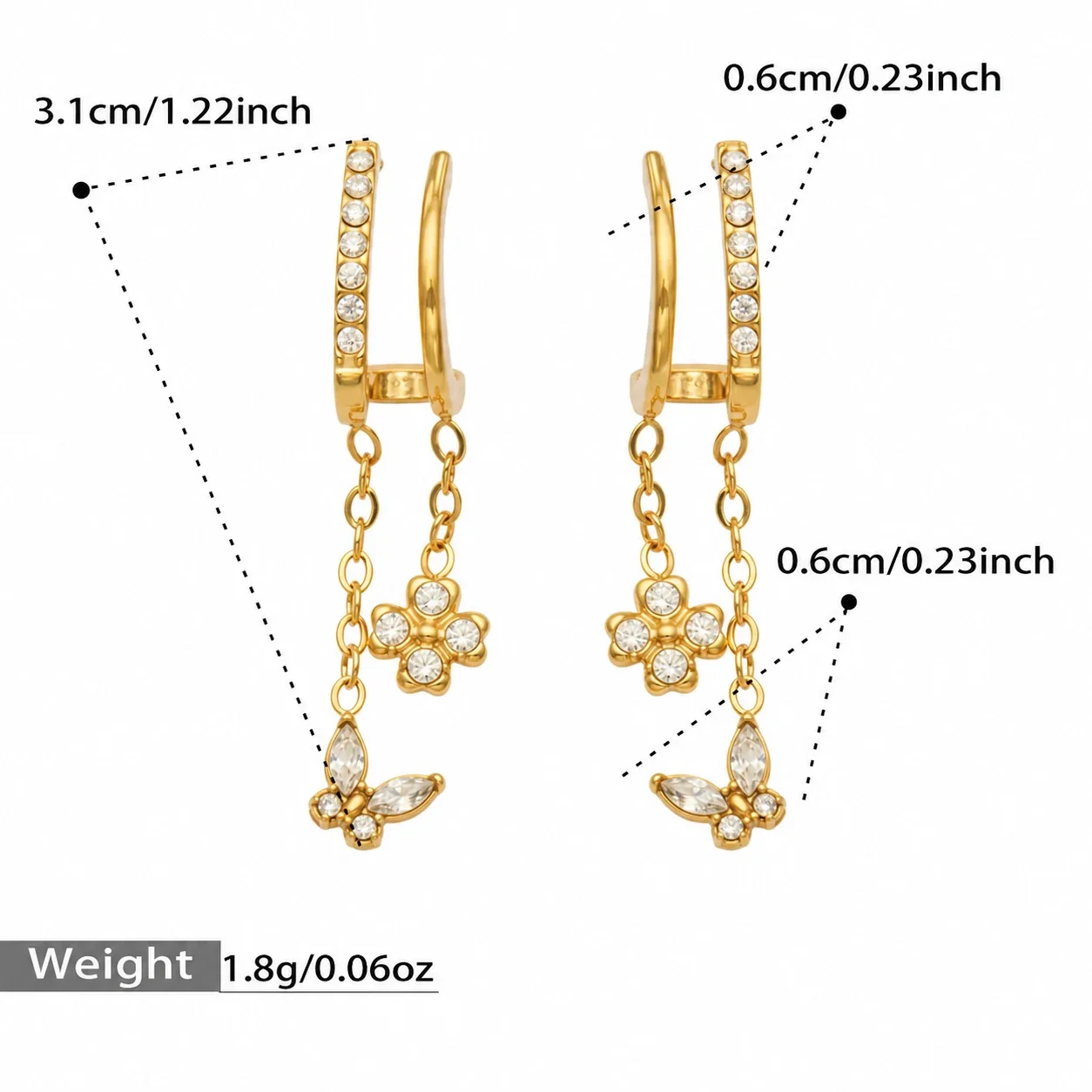 Huggie-oorringen met hanger van cubic zirkonia, roestvrij staal productfoto