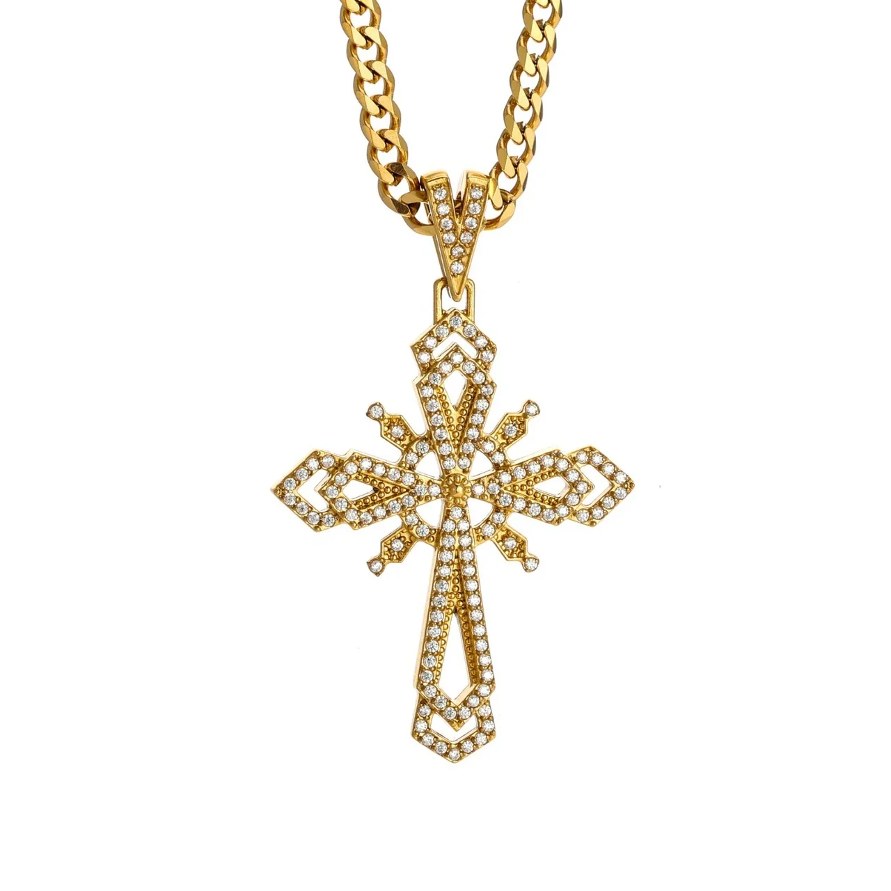 Ornate 316 Stainless Steel Pavé Cross Pendant Necklace
