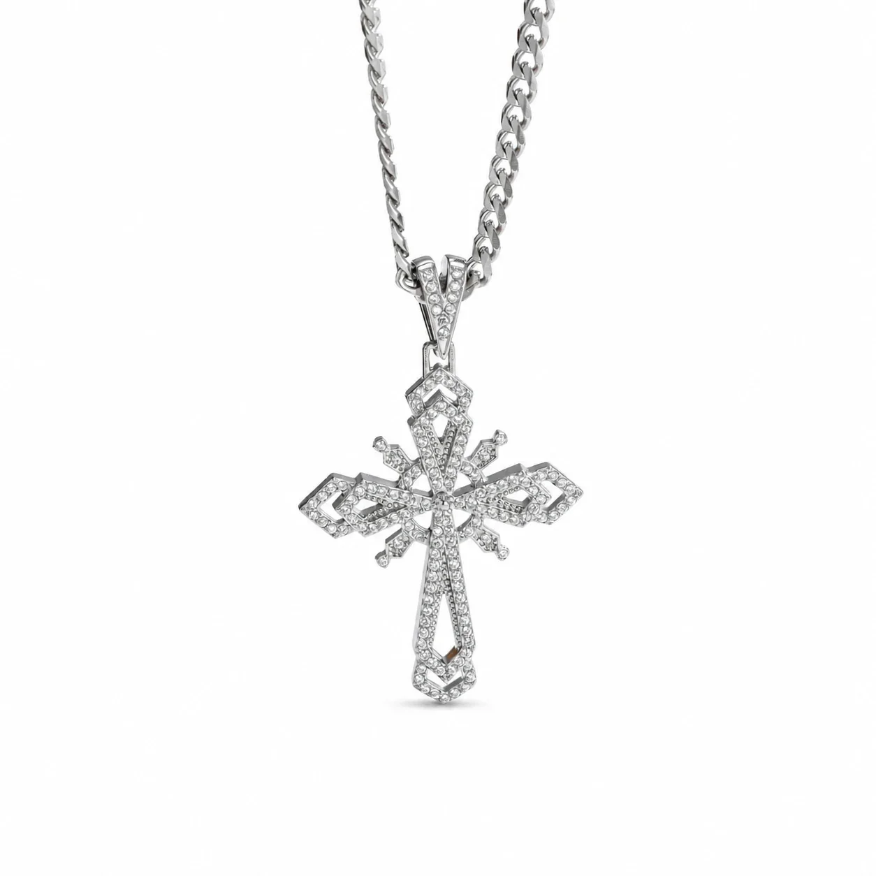 Ornate 316 Stainless Steel Pavé Cross Pendant Necklace
