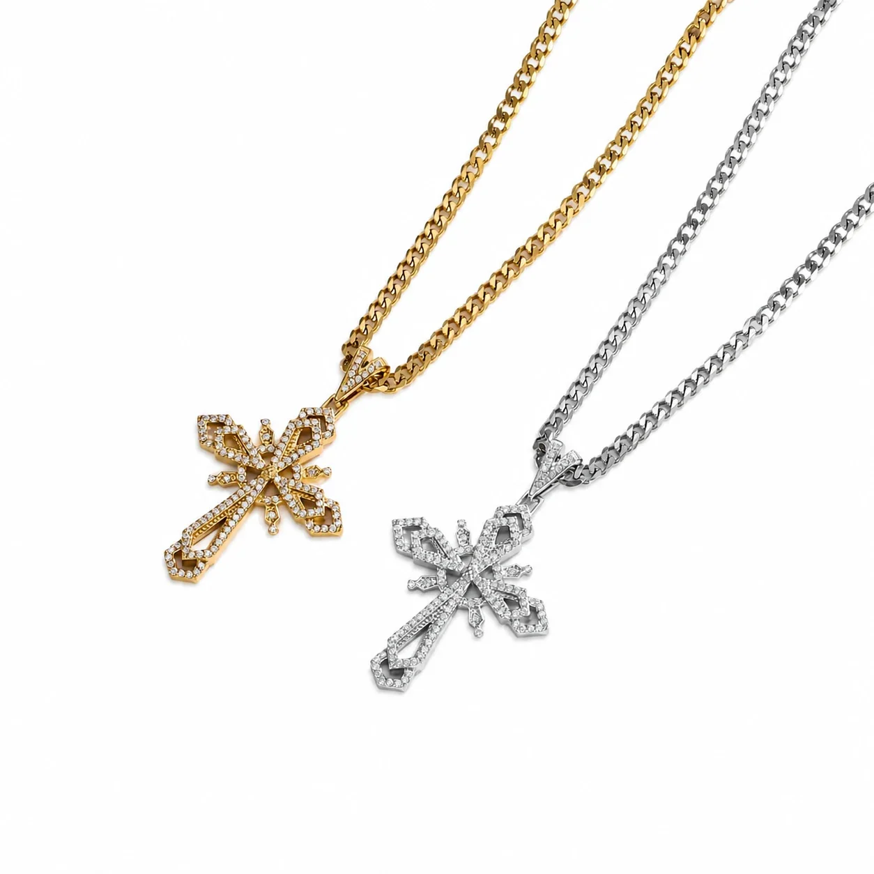 Ornate 316 Stainless Steel Pavé Cross Pendant Necklace
