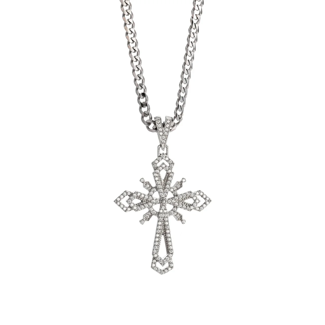 Ornate 316 Stainless Steel Pavé Cross Pendant Necklace