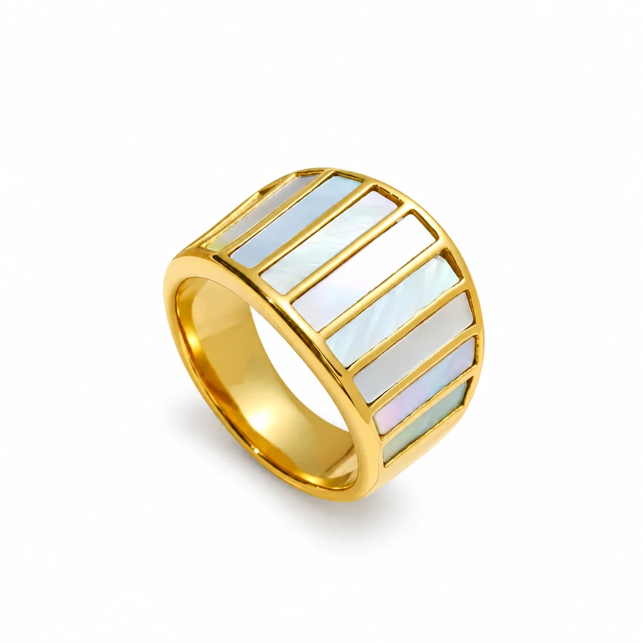 Wide Inlay Ring with Iridescent Panels, Gold-Plated Steel