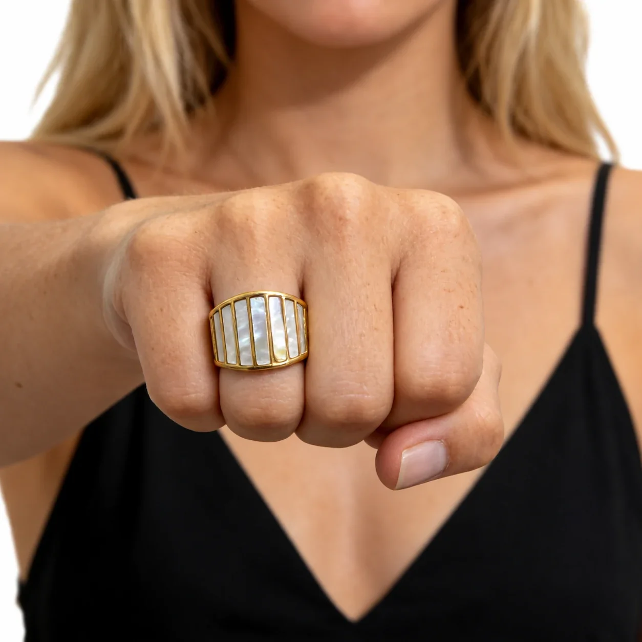Wide Inlay Ring with Iridescent Panels, Gold-Plated Steel