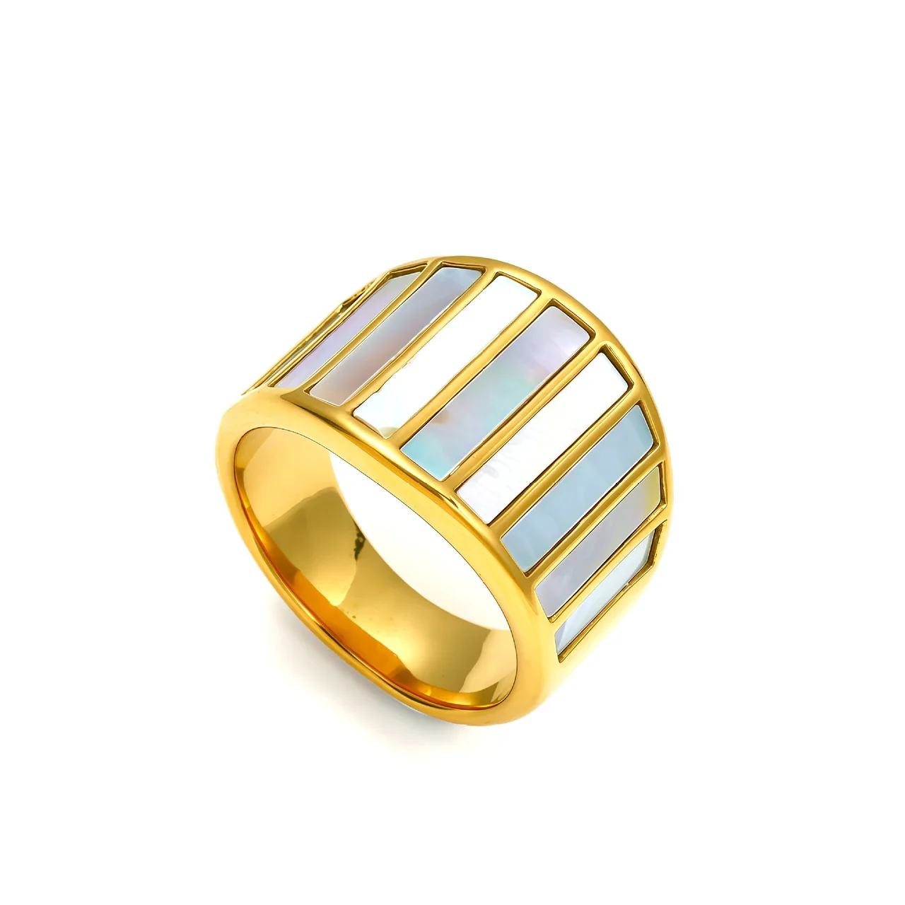 Wide Inlay Ring with Iridescent Panels, Gold-Plated Steel