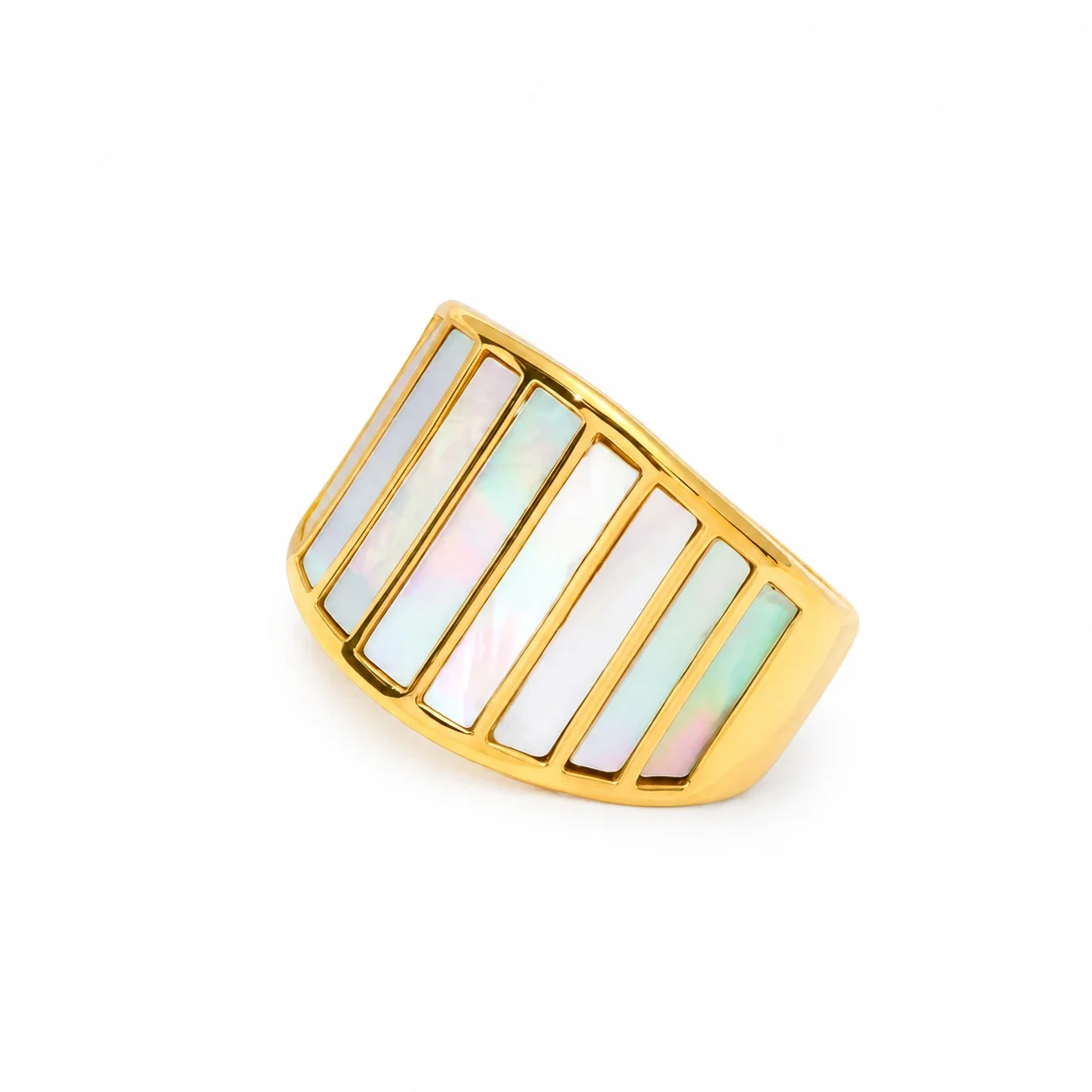 Wide Inlay Ring with Iridescent Panels, Gold-Plated Steel