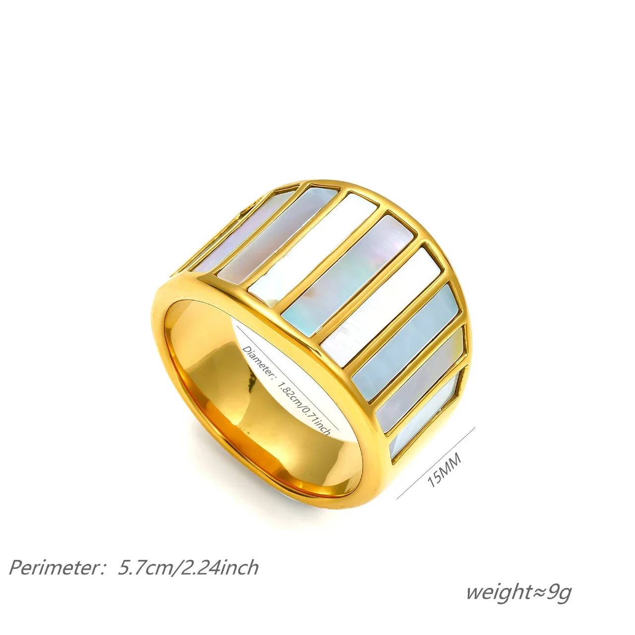 Wide Inlay Ring with Iridescent Panels, Gold-Plated Steel