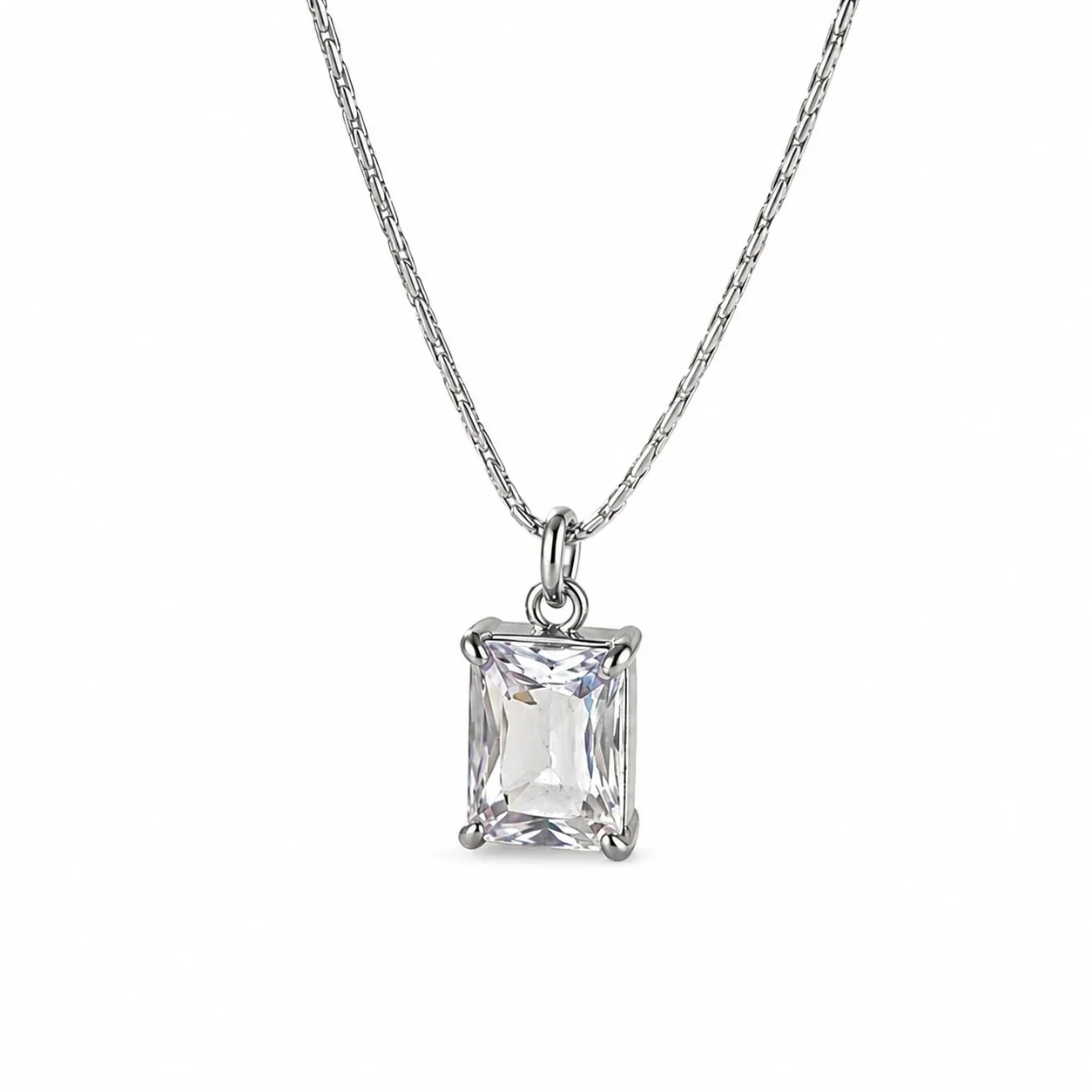 Radiant Prong-Set Emerald-Cut CZ 316 Stainless Steel Pendant Necklace - Silver Clear CZ
