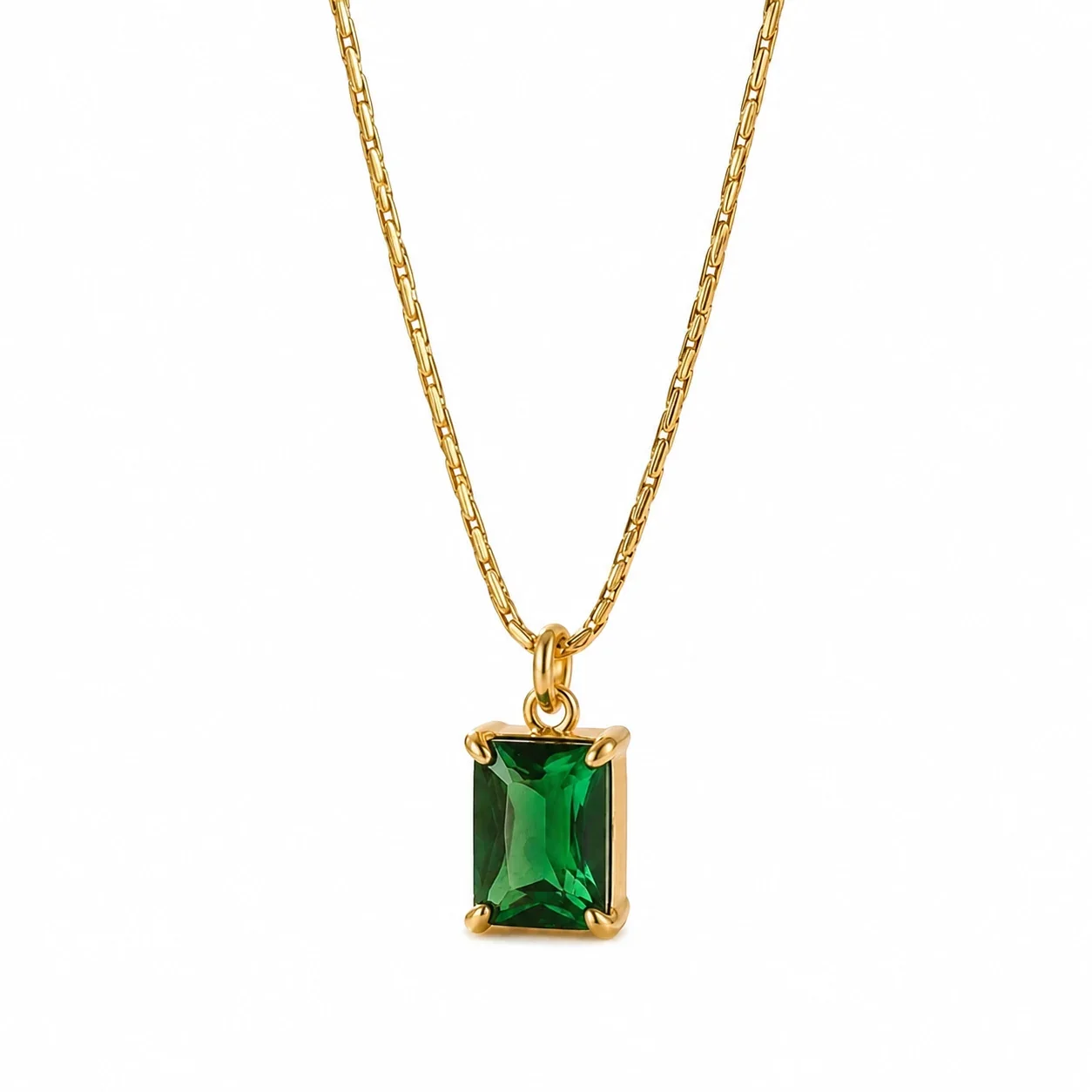 Radiant Prong-Set Emerald-Cut CZ 316 Stainless Steel Pendant Necklace - Gold Emerald CZ