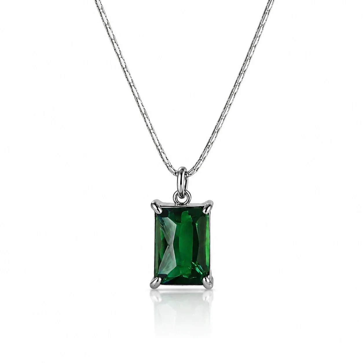 Radiant Prong-Set Emerald-Cut CZ 316 Stainless Steel Pendant Necklace - Silver Emerald CZ