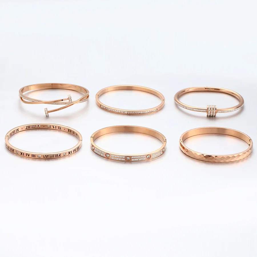 Bangle Bracelets: Crystal Rows & Roman Numerals, Rose Gold-Plated