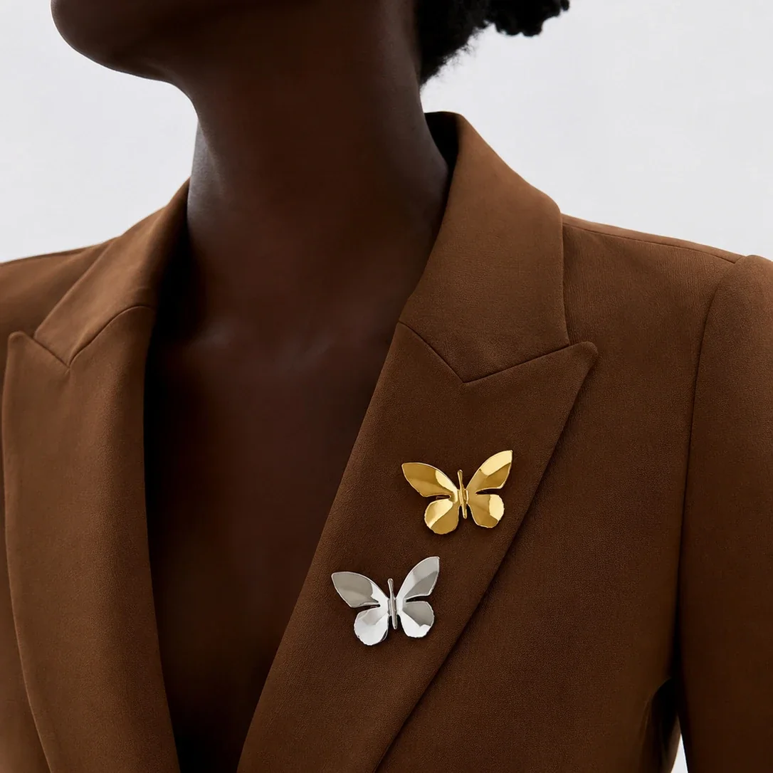 Butterfly Brooch with Scalloped Wings, Gold-Plated Steel