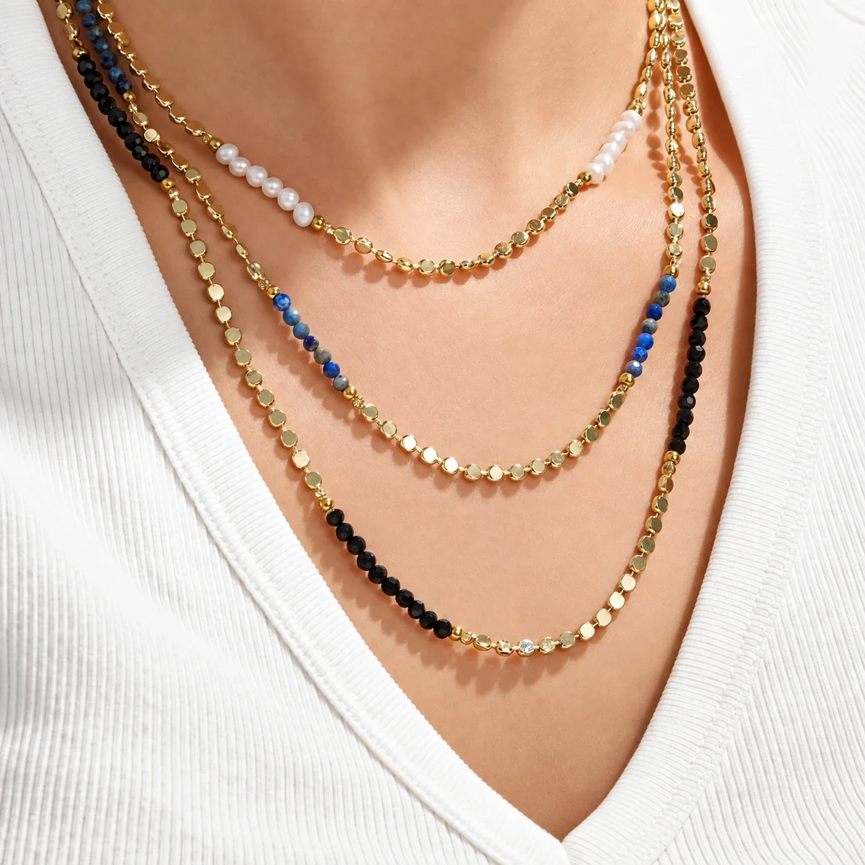 Necklace with Faceted Beads & Disc Chain, 18K Gold-Plated