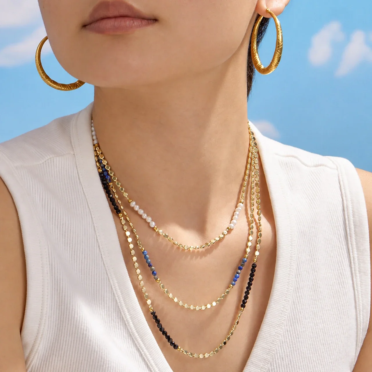 Necklace with Faceted Beads & Disc Chain, 18K Gold-Plated