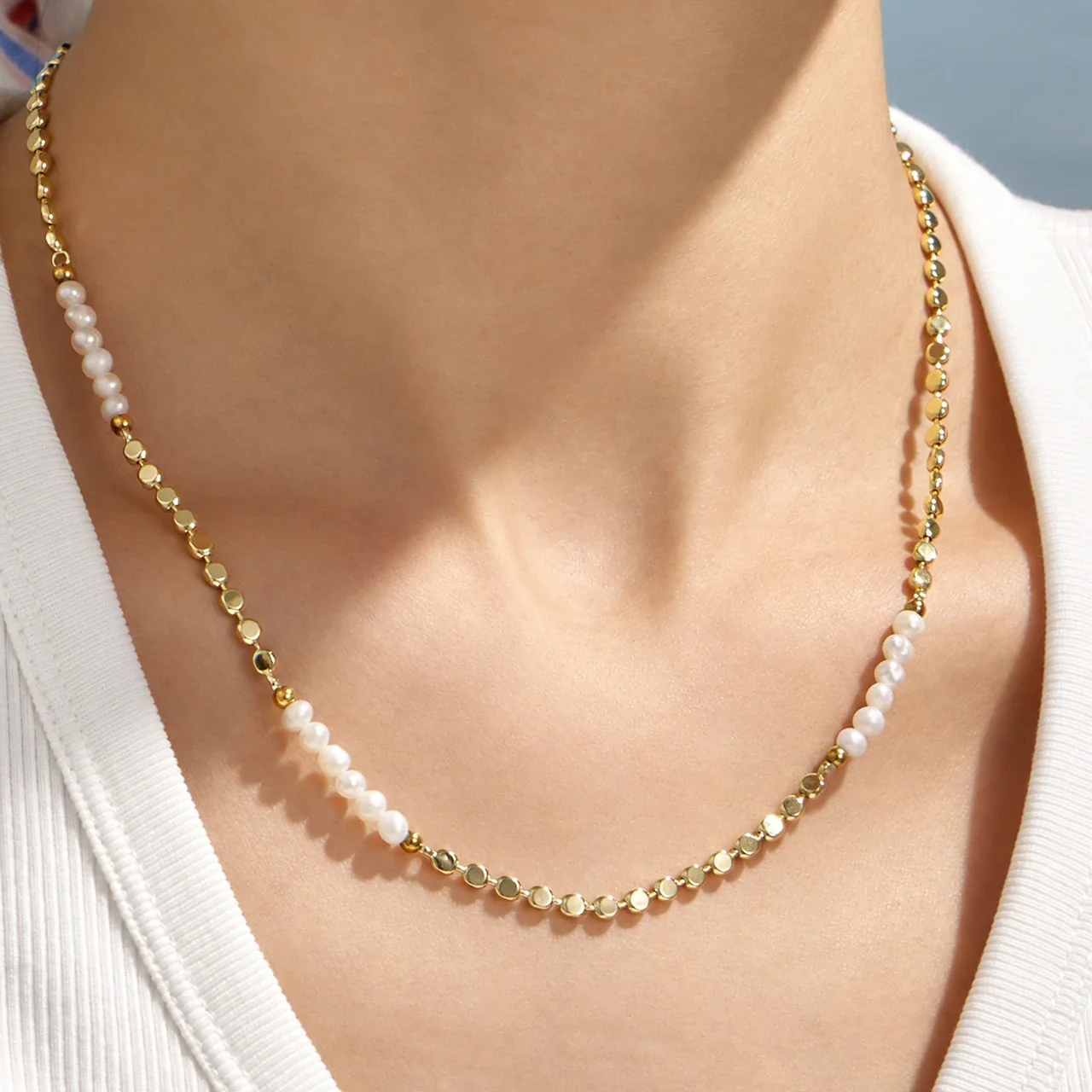 Necklace with Faceted Beads & Disc Chain, 18K Gold-Plated