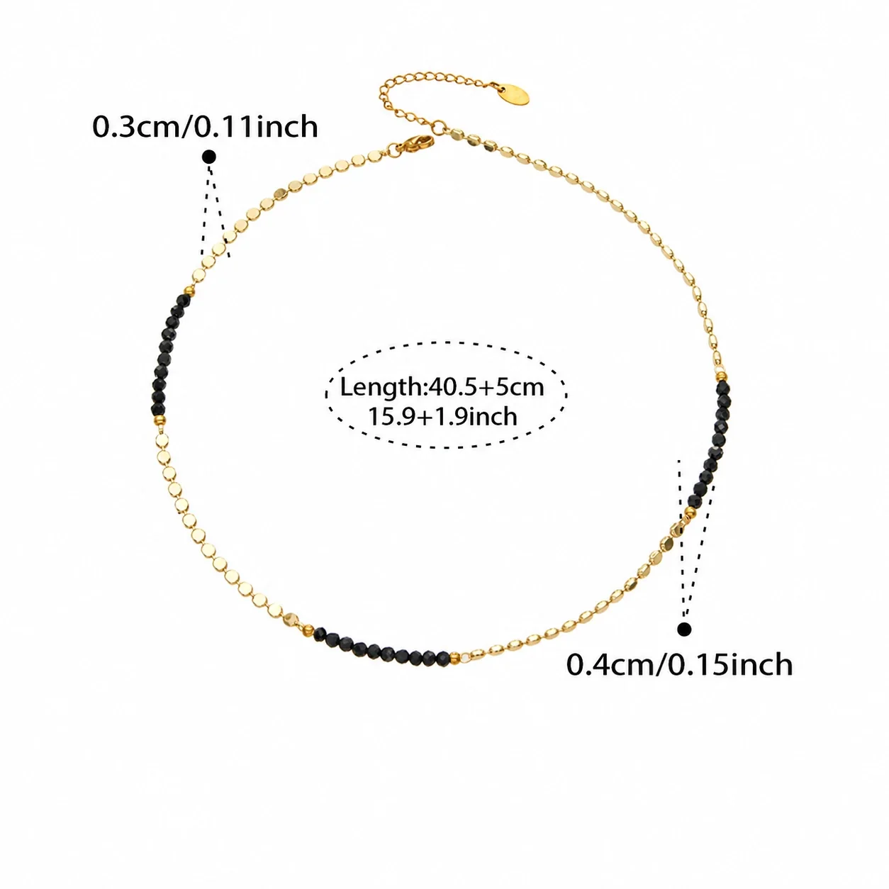 Necklace with Faceted Beads & Disc Chain, 18K Gold-Plated - Gold Black Bead , 40.5 + 5 cm