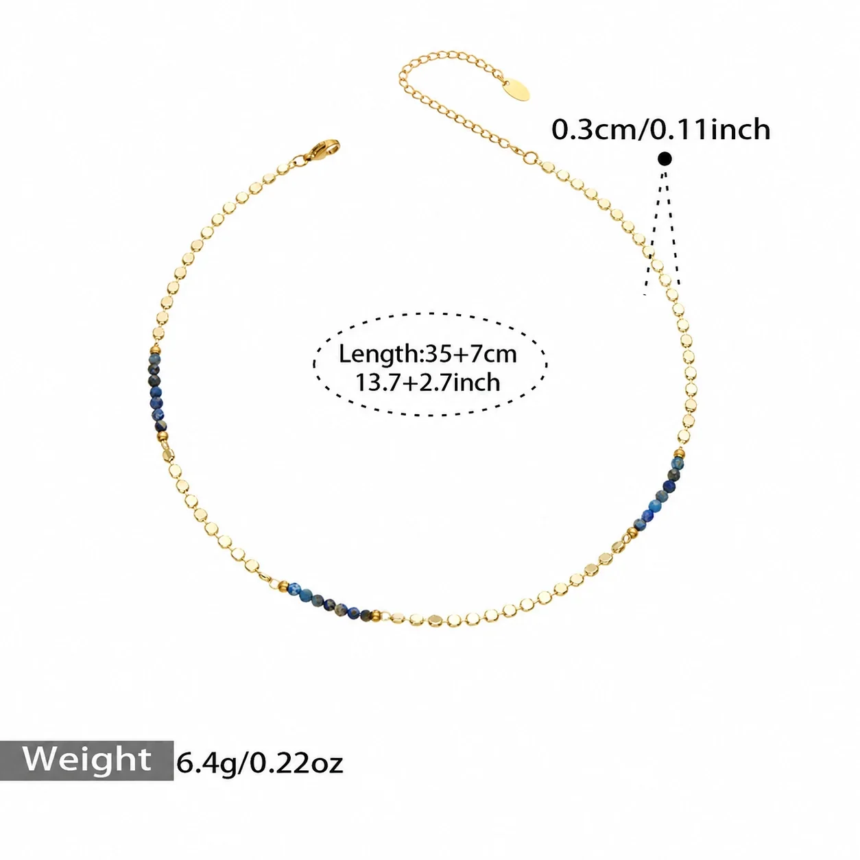 Necklace with Faceted Beads & Disc Chain, 18K Gold-Plated - Gold Blue Bead , 35 + 7 cm