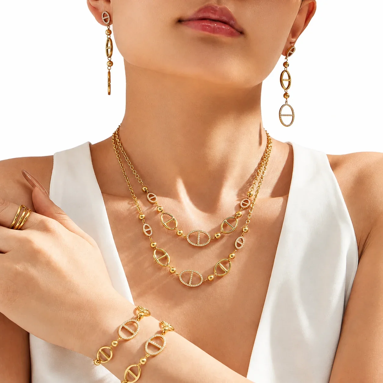 Geometric Stainless Steel Oval CZ Jewelry Set
