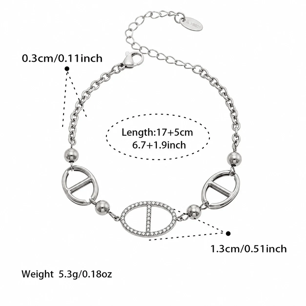 Geometric Stainless Steel Oval CZ Jewelry Set - Silver 17+5 cm