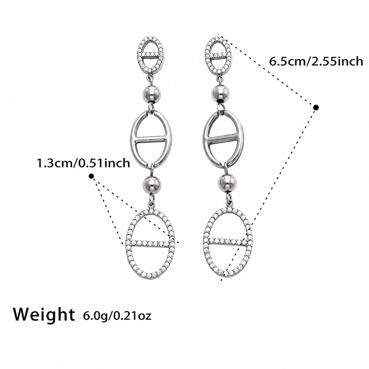 Geometric Stainless Steel Oval CZ Jewelry Set - Silver