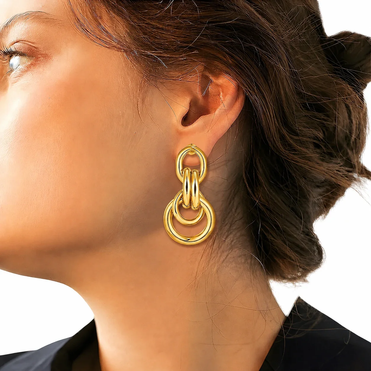 Sculptural Gold-Plated Interlocking Ring Drop Earrings