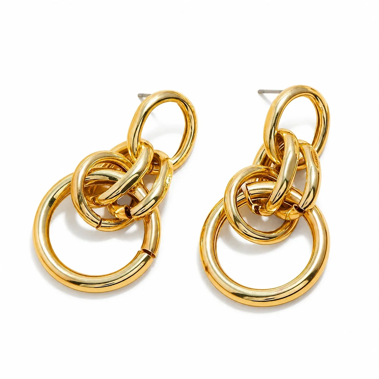 Sculptural Gold-Plated Interlocking Ring Drop Earrings