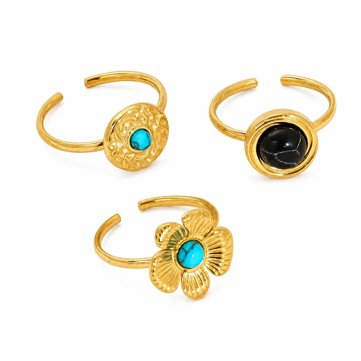 Ornate Gold-Plated Floral Open Turquoise Crystal Ring