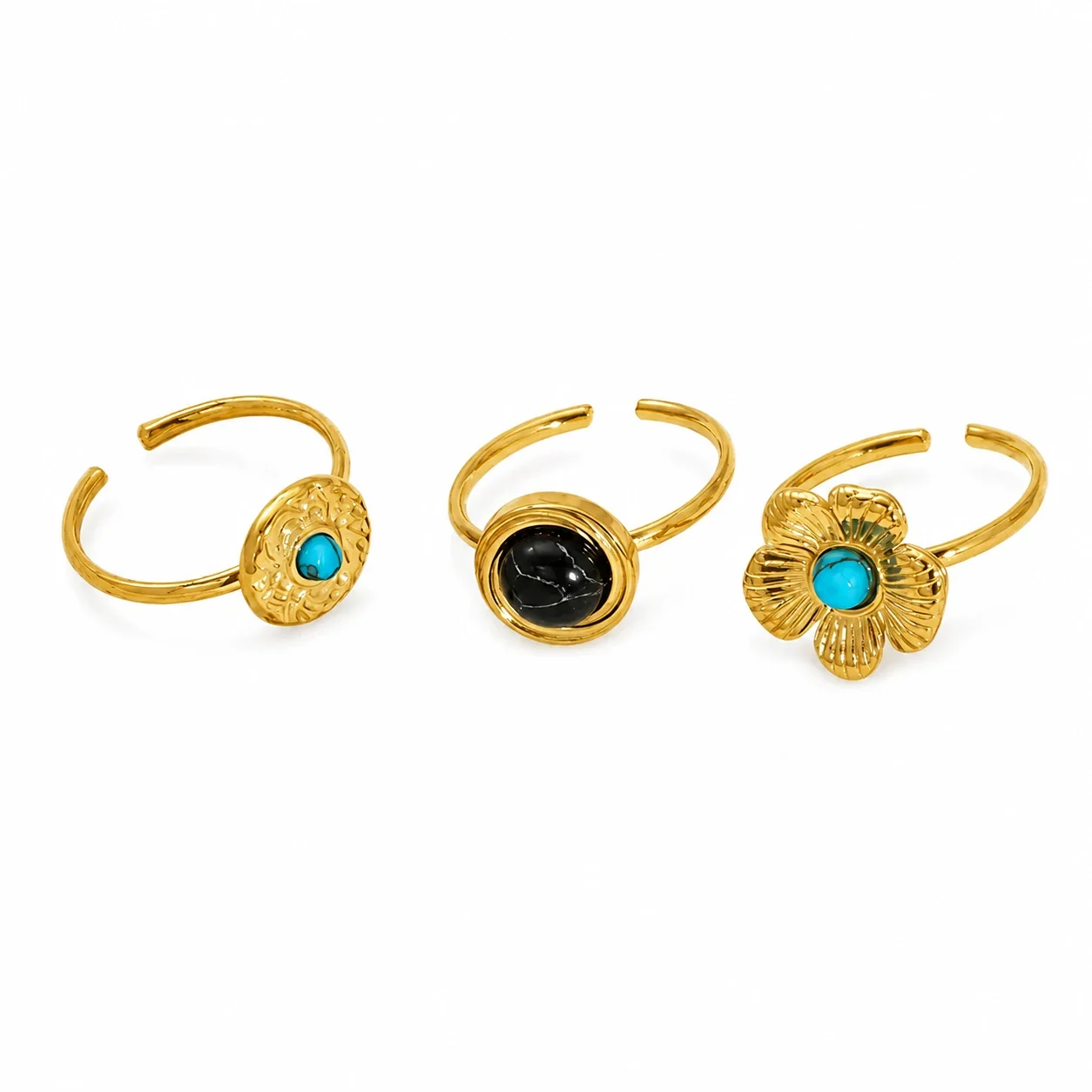 Ornate Gold-Plated Floral Open Turquoise Crystal Ring