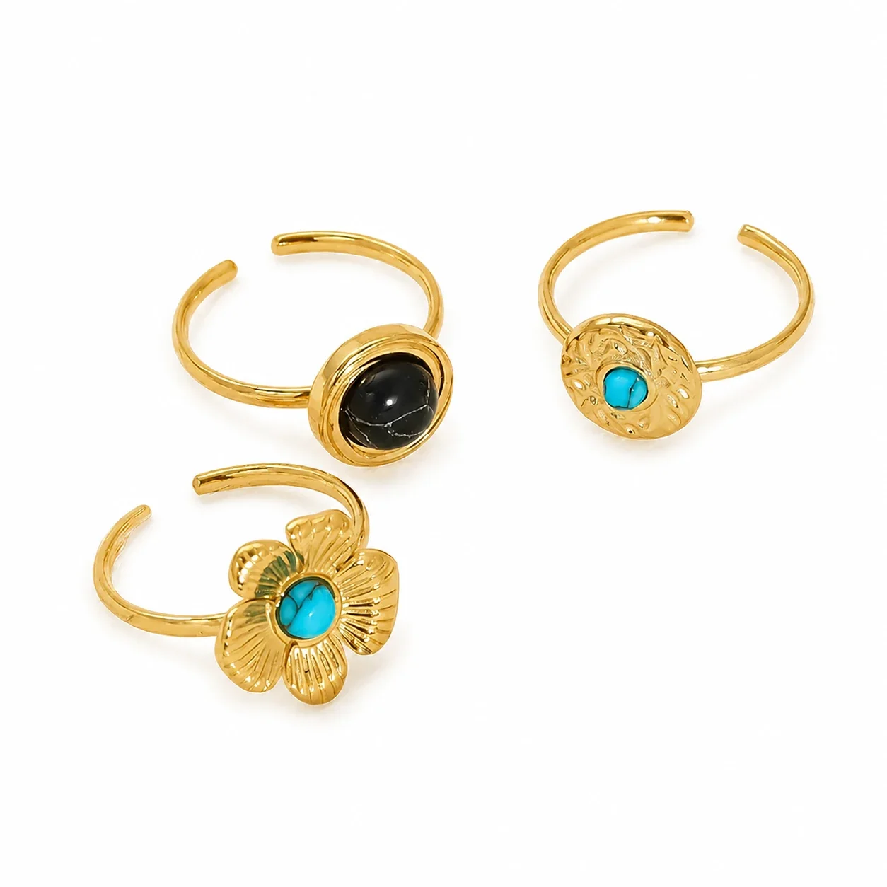 Ornate Gold-Plated Floral Open Turquoise Crystal Ring