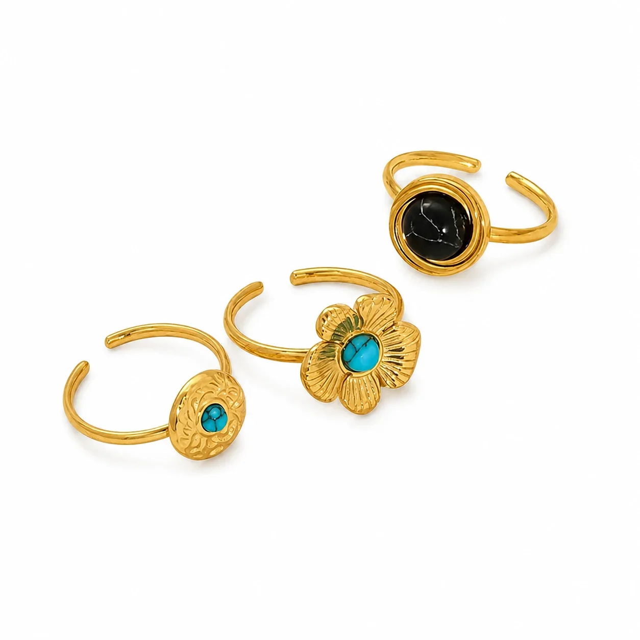 Ornate Gold-Plated Floral Open Turquoise Crystal Ring