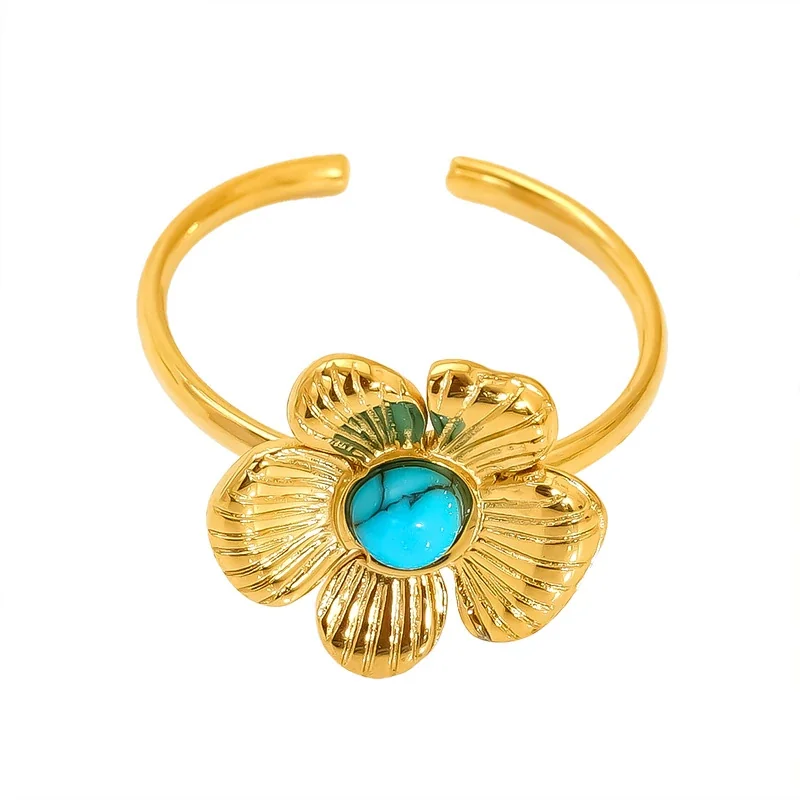 Ornate Gold-Plated Floral Open Turquoise Crystal Ring