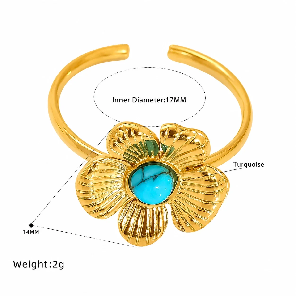 Ornate Gold-Plated Floral Open Turquoise Crystal Ring - Gold Floral Turquoise