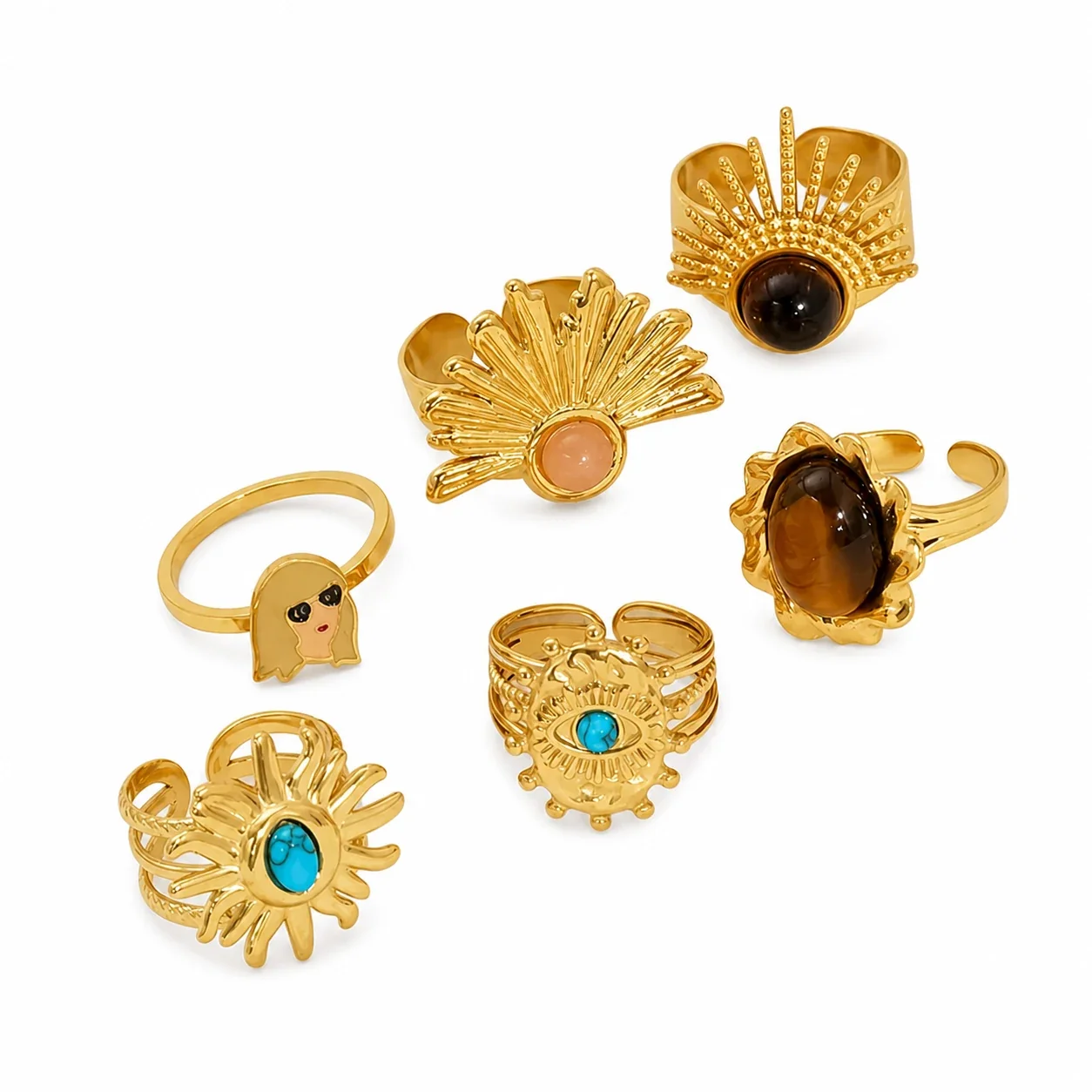 Bohemian Gold-Plated Stainless Steel Sunburst Cabochon Open Ring