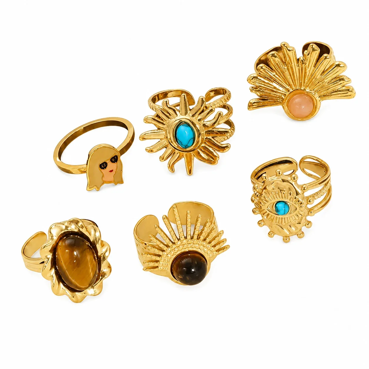 Bohemian Gold-Plated Stainless Steel Sunburst Cabochon Open Ring