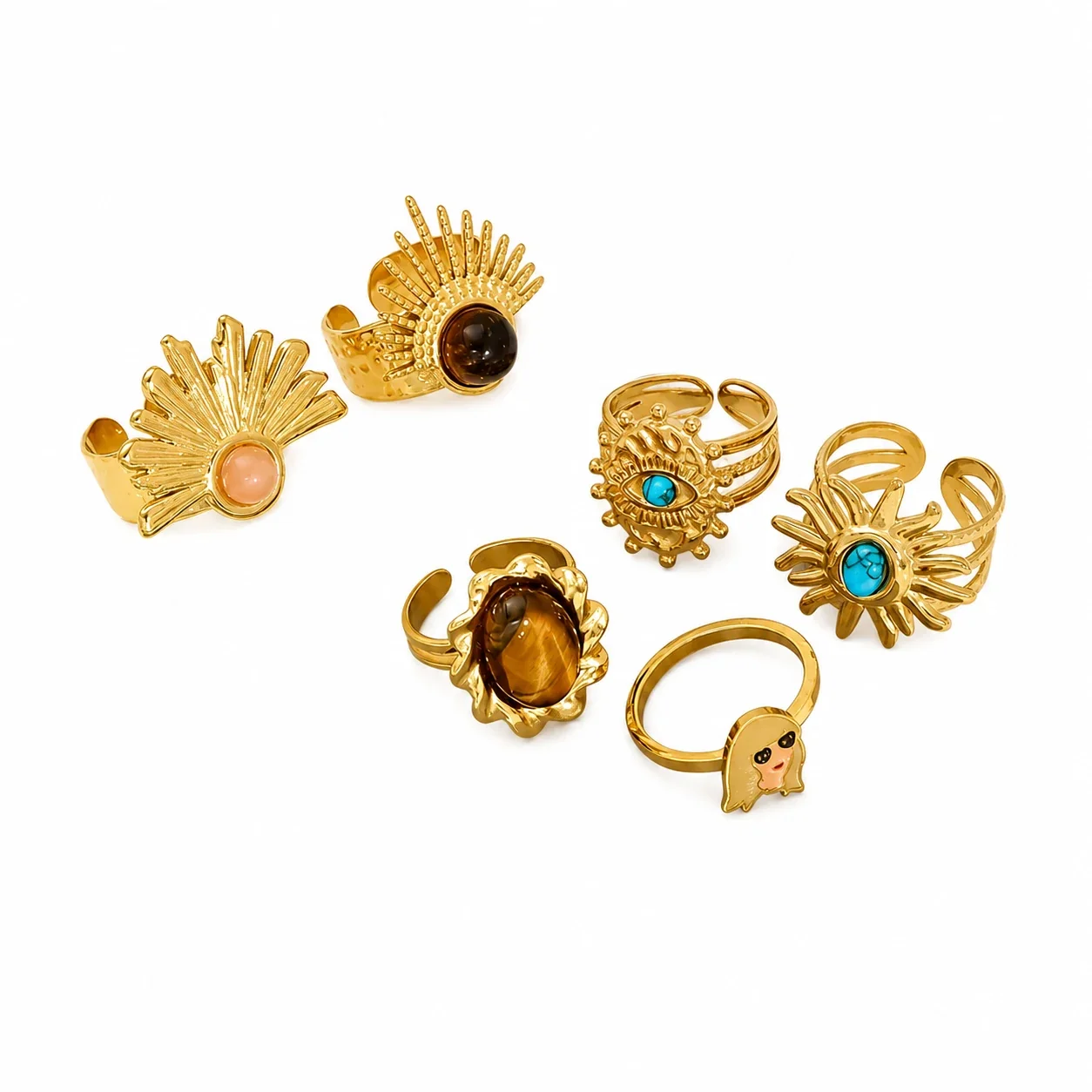 Bohemian Gold-Plated Stainless Steel Sunburst Cabochon Open Ring