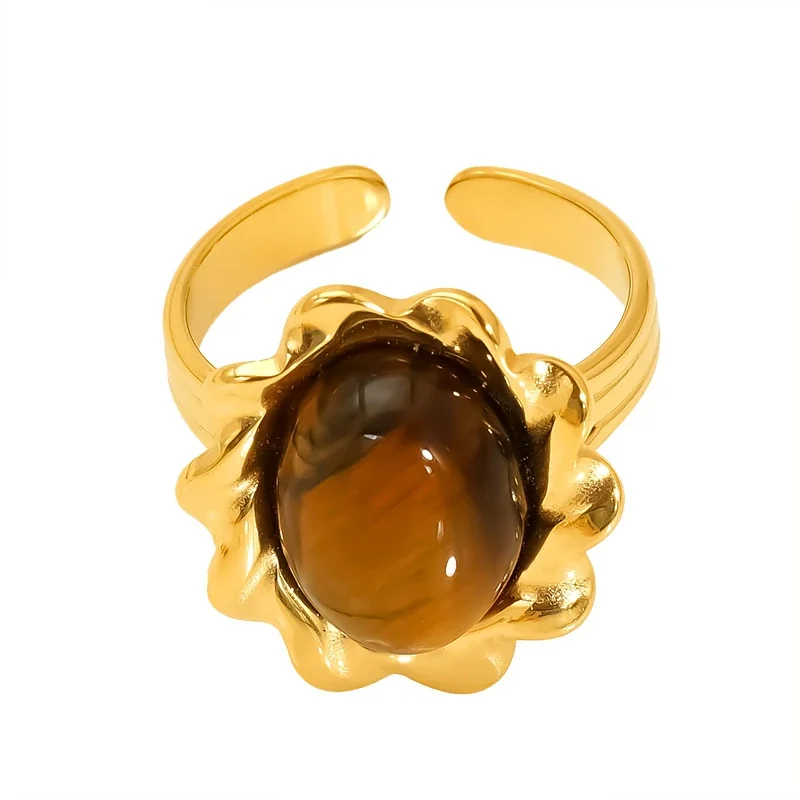 Bohemian Gold-Plated Stainless Steel Sunburst Cabochon Open Ring