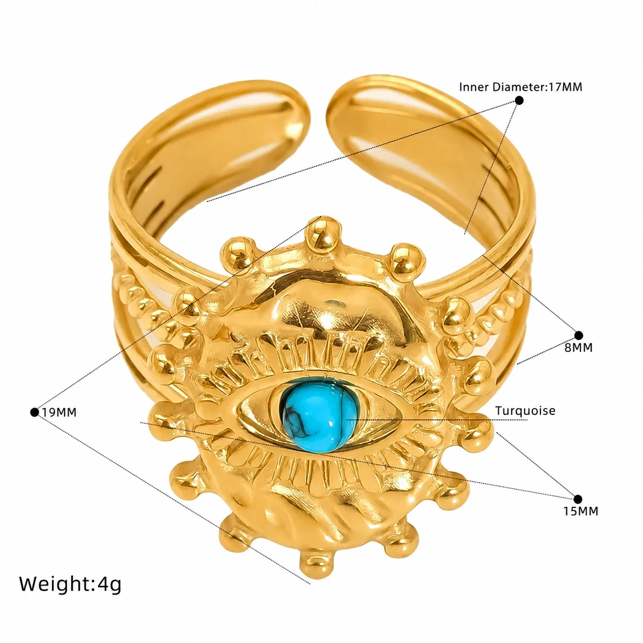 Bohemian Gold-Plated Stainless Steel Sunburst Cabochon Open Ring - Gold Eye Blue Cabochon