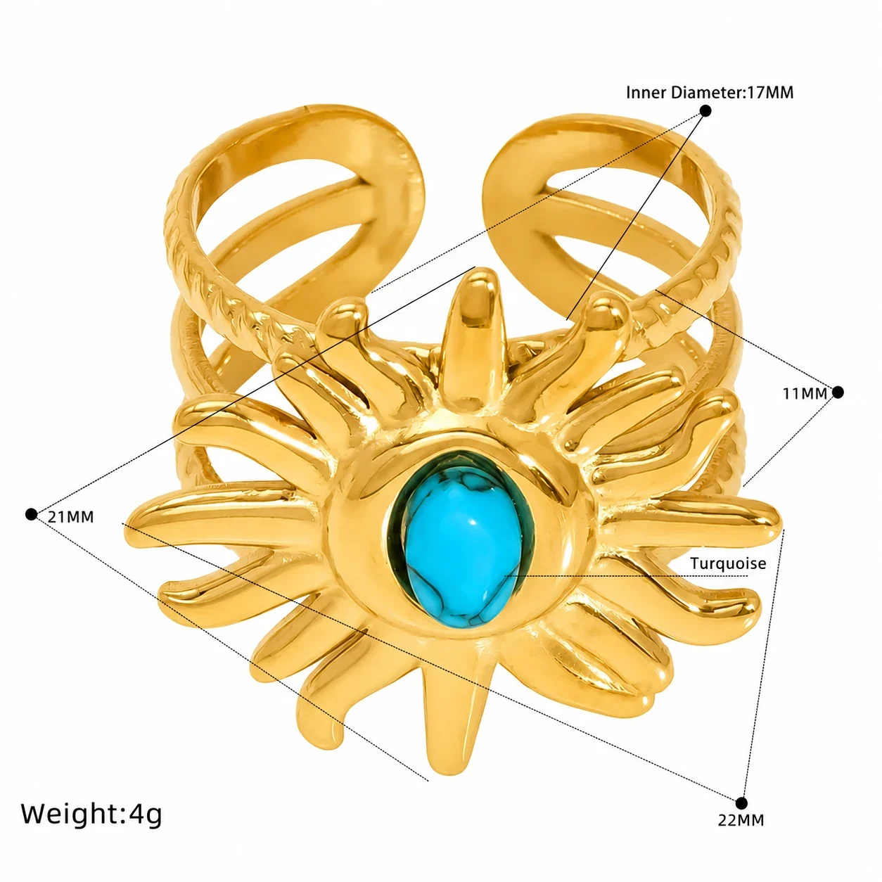 Bohemian Gold-Plated Stainless Steel Sunburst Cabochon Open Ring - Gold Fan Black Cabochon