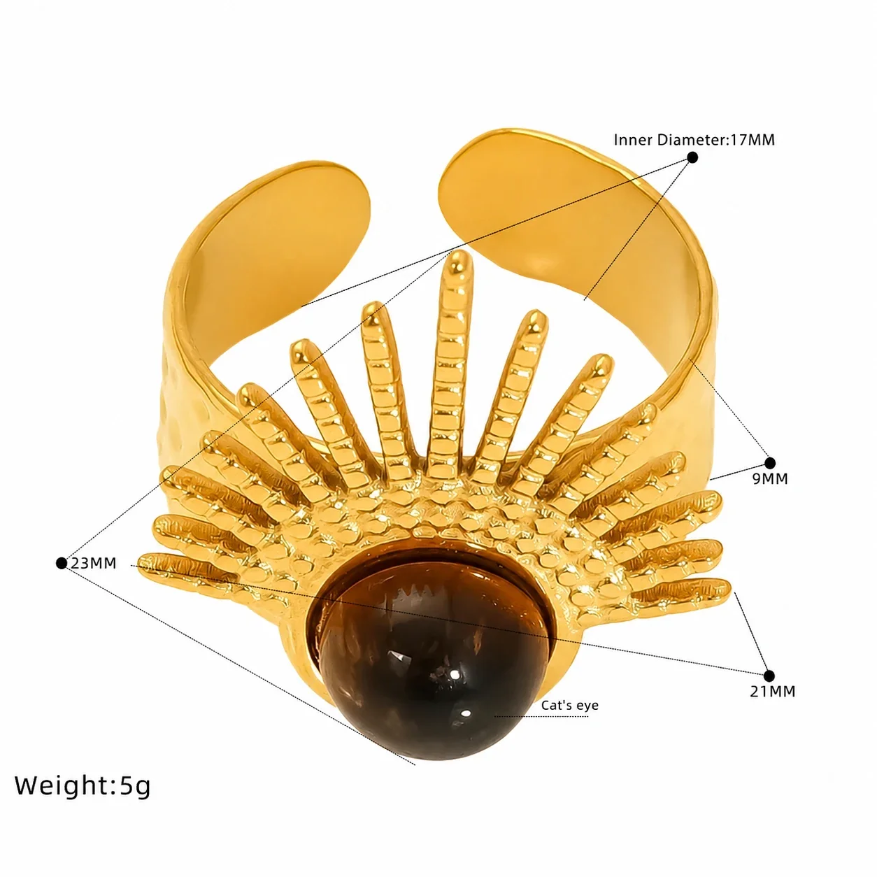 Bohemian Gold-Plated Stainless Steel Sunburst Cabochon Open Ring - Gold Portrait Motif