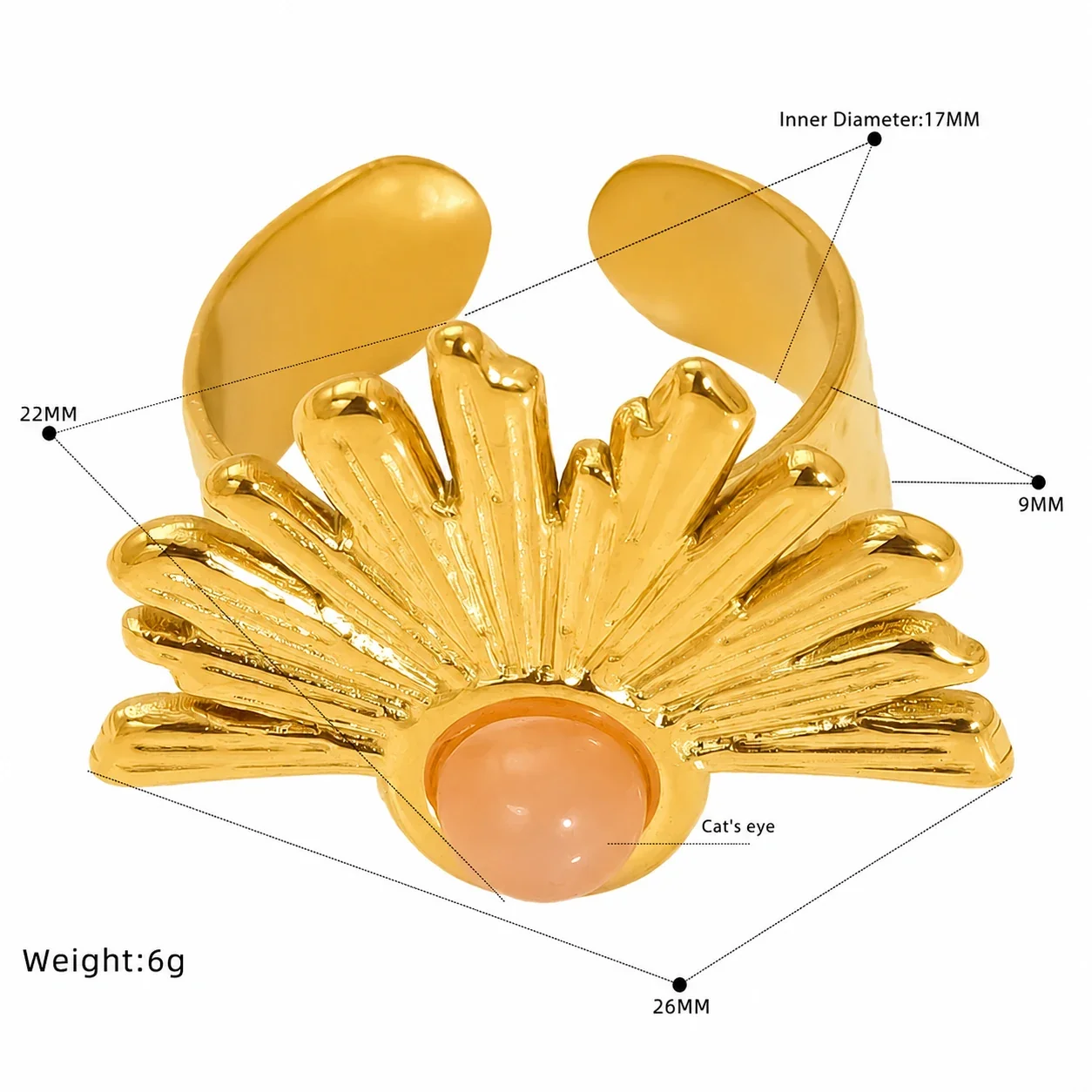 Bohemian Gold-Plated Stainless Steel Sunburst Cabochon Open Ring - Gold Scalloped Brown Cabochon
