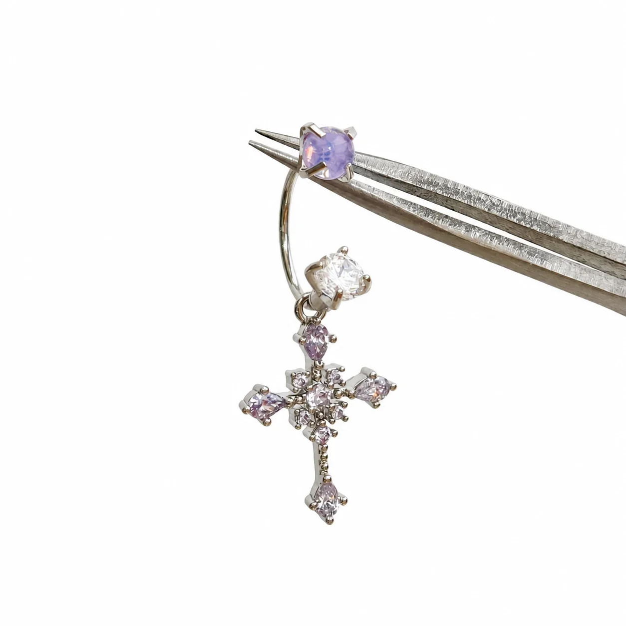 Polished 316 Stainless Steel CZ Cross Ear Cuff - Purple Cross