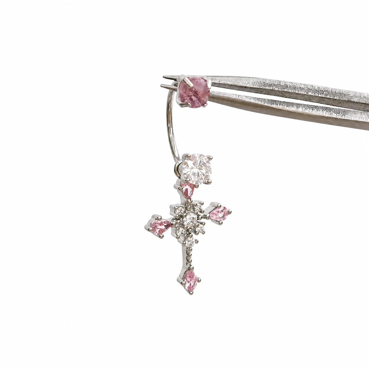 Polished 316 Stainless Steel CZ Cross Ear Cuff - Pink Cross