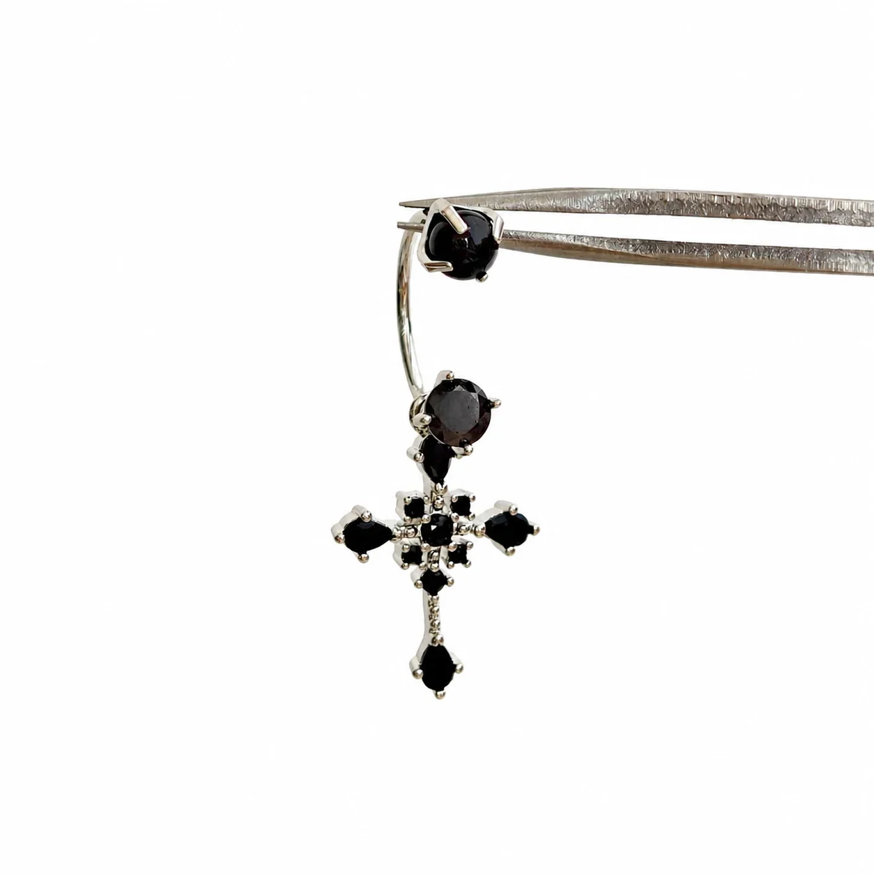 Polished 316 Stainless Steel CZ Cross Ear Cuff - Black Cross