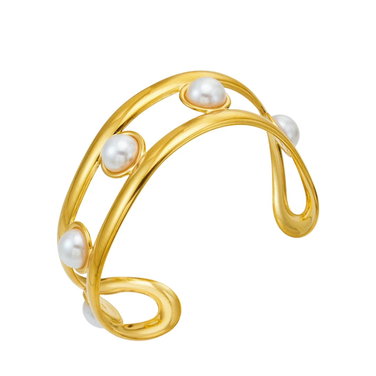 Openwork 18K Gold PVD 316L Stainless Steel Shell Pearl Cuff Bracelet