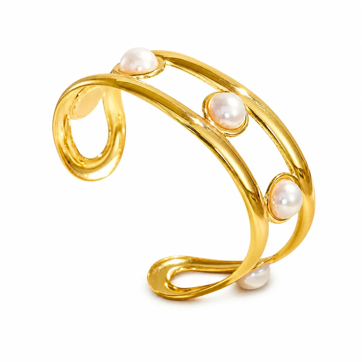 Openwork 18K Gold-Plated 316L Shell Pearl Cuff Bracelet