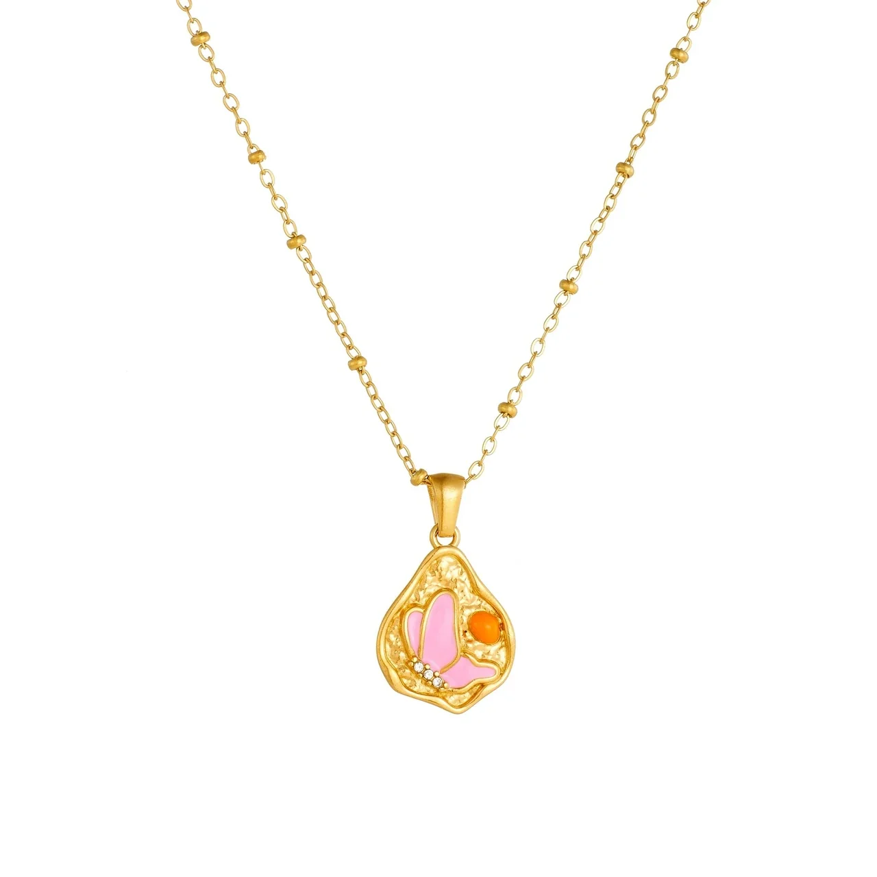 Butterfly Pendant Necklace, Pink Enamel, Gold-Plated Steel