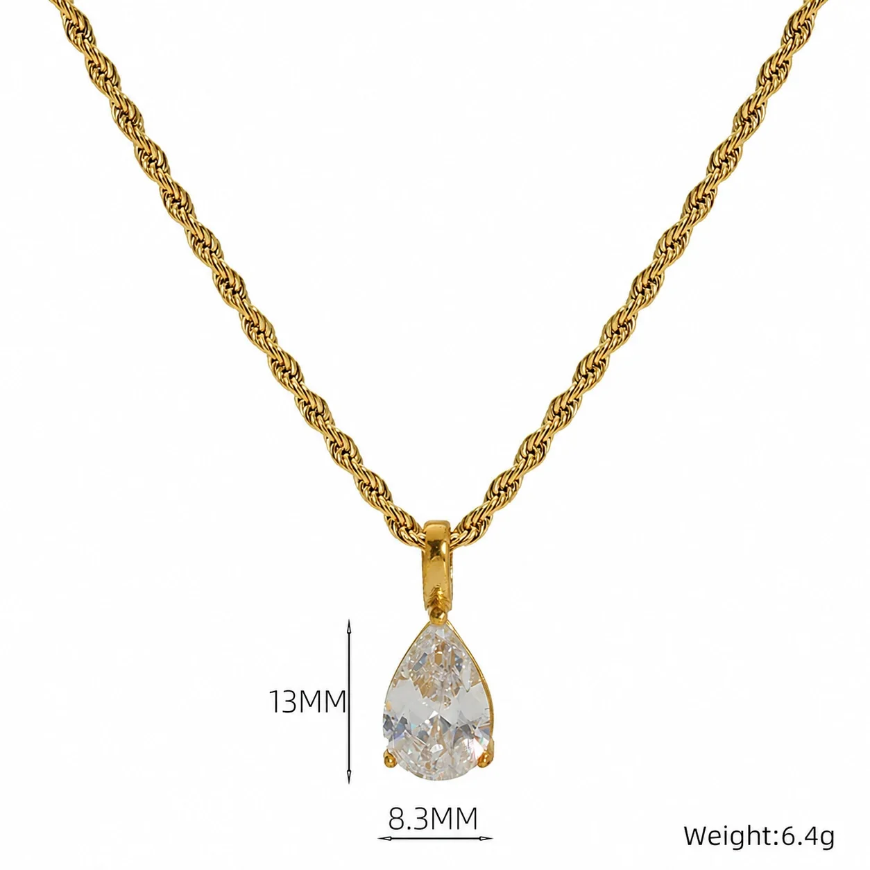 Radiant 18K Gold-Plated Rope Chain Teardrop Pendant Necklace - Sky Blue Crystal