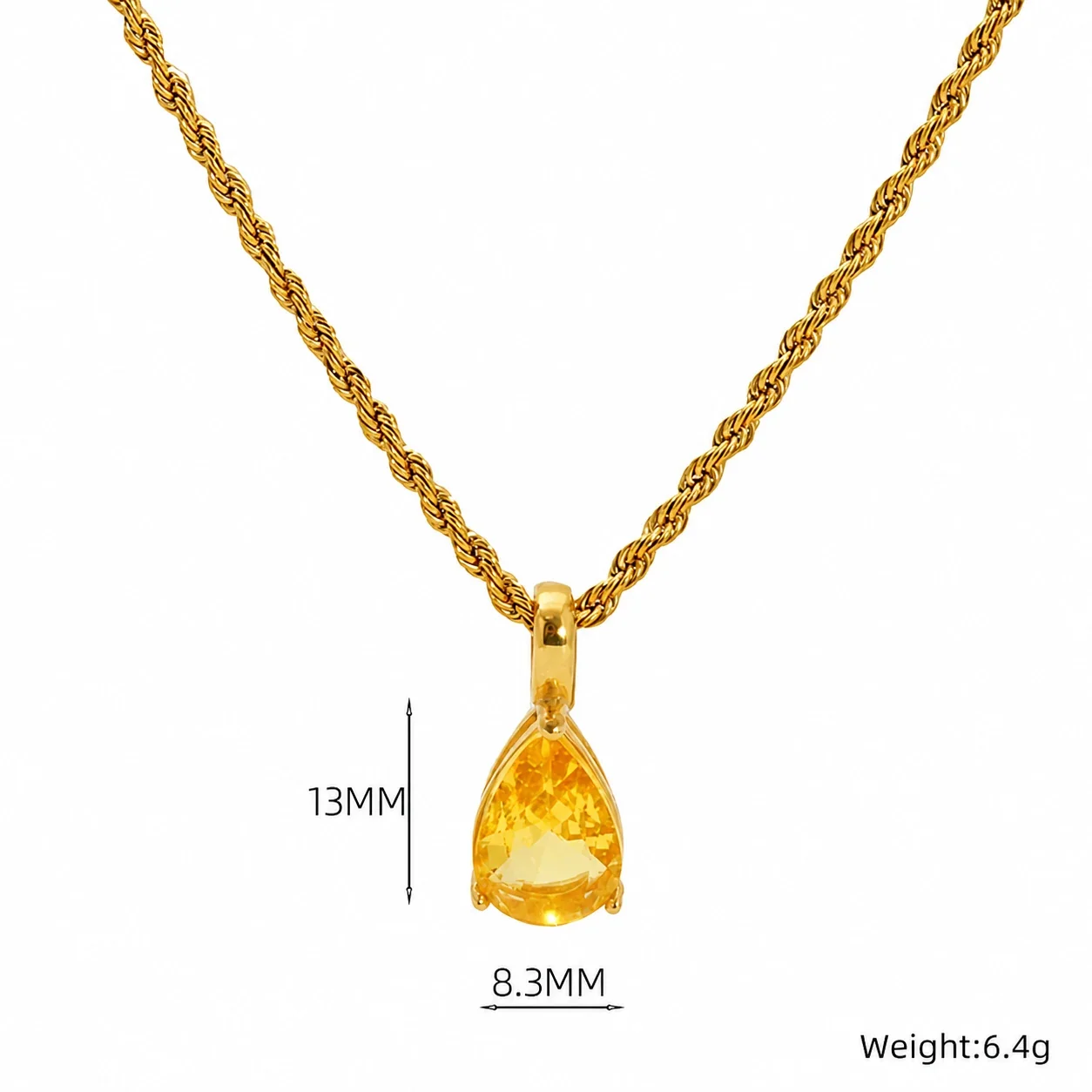 Radiant 18K Gold-Plated Rope Chain Teardrop Pendant Necklace - Yellow Crystal