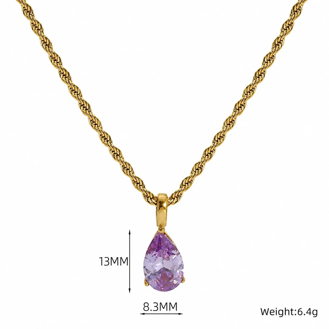 Radiant 18K Gold-Plated Rope Chain Teardrop Pendant Necklace - Light Purple Crystal