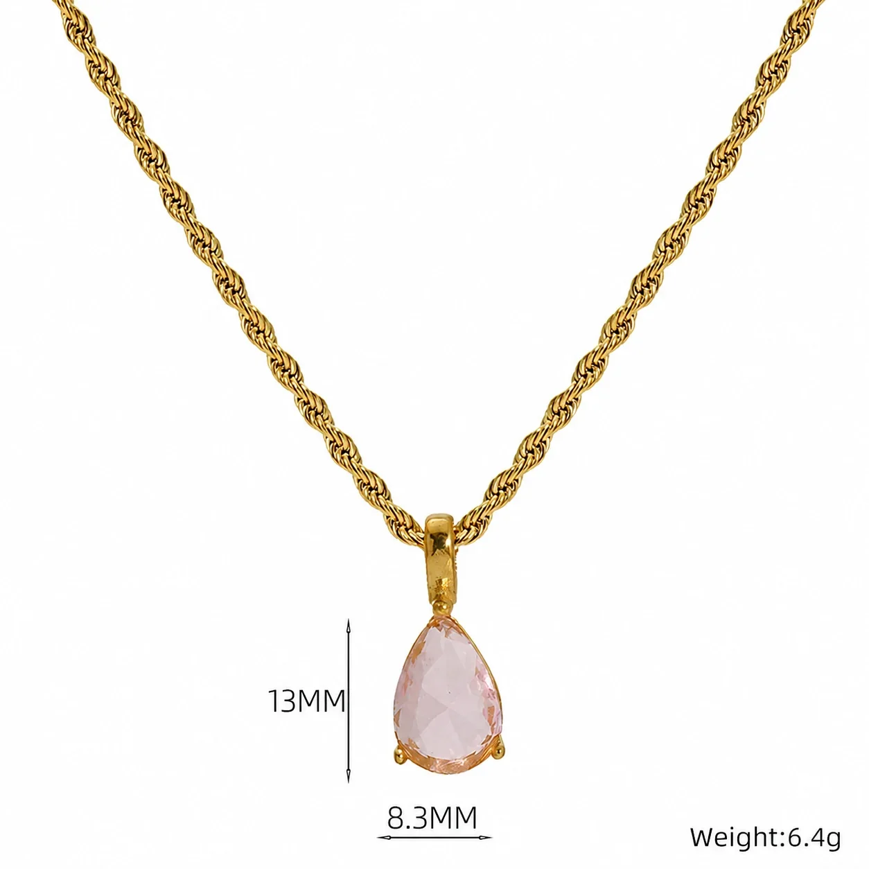 Radiant 18K Gold-Plated Rope Chain Teardrop Pendant Necklace - Pink Crystal