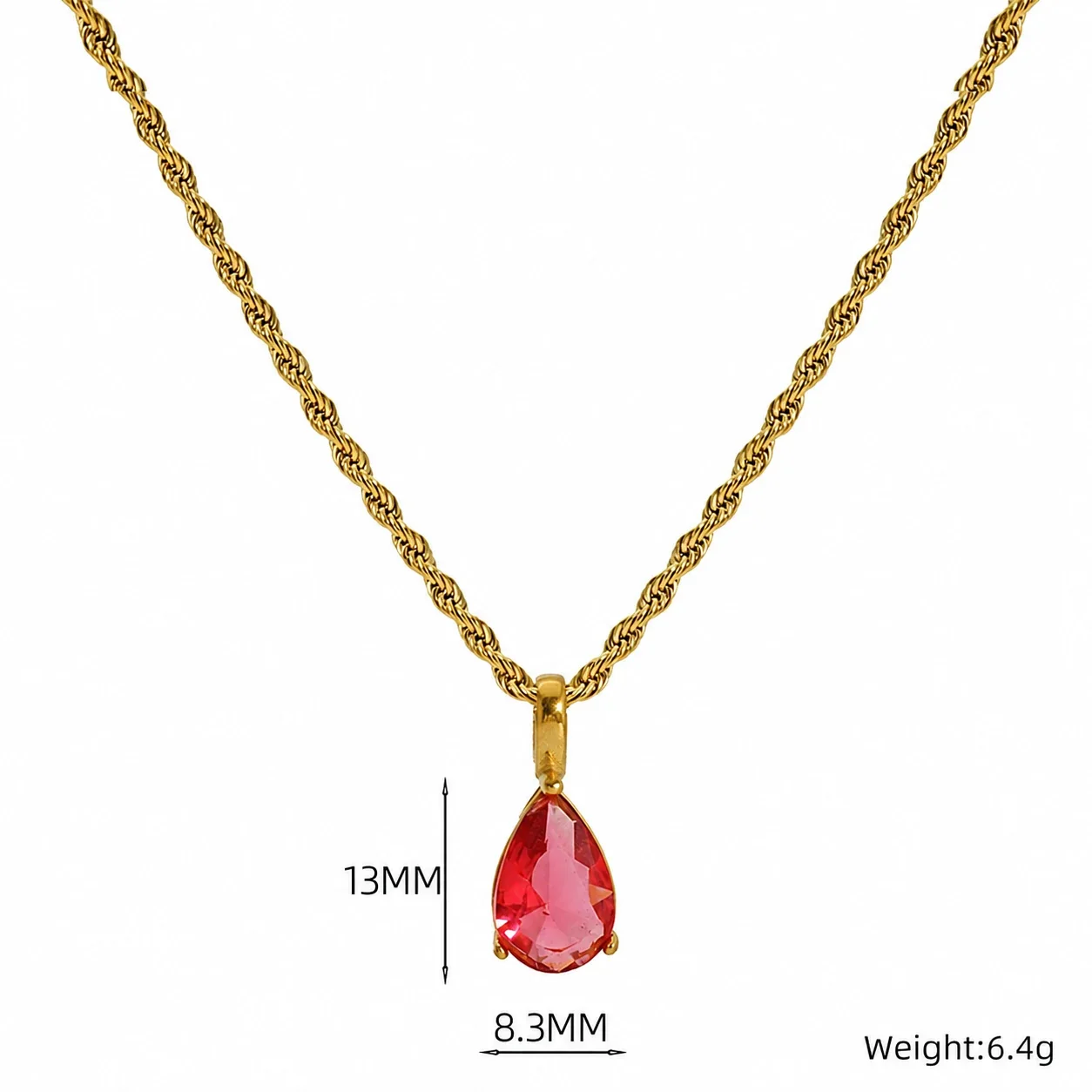Radiant 18K Gold-Plated Rope Chain Teardrop Pendant Necklace - Garnet Red Crystal